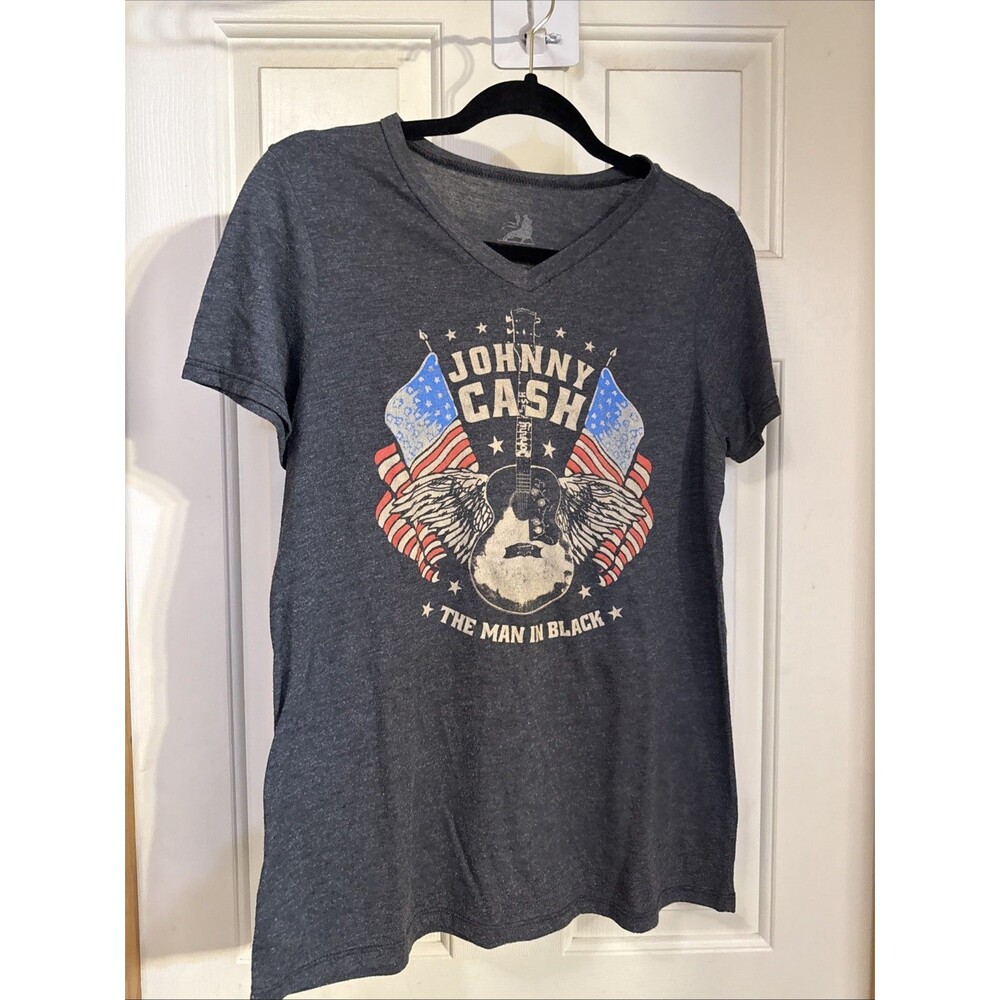 Women's Johnny Cash T-Shirt- Zion Print- The Man In Black With Flag- Size XL